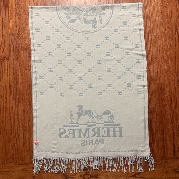 Hermès fringe scarf in light gray and white cashmere and silk - Picture 11 of 13